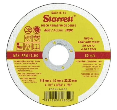 DISCO DE CORTE (115MM) 4.1/2X1,0X22 - STARRET