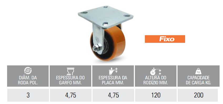 RODIZIO PU 3" FIXO - LARANJA