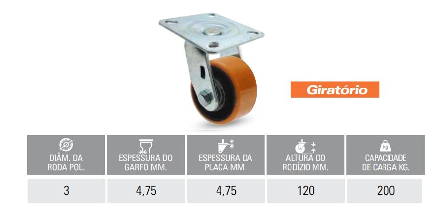RODIZIO PU 3" GIRATORIO - LARANJA