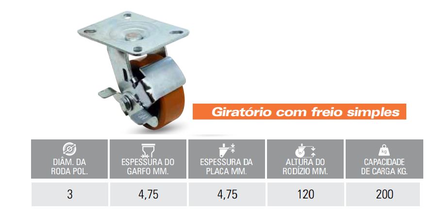 RODIZIO PU 3" GIRATORIO C/ FREIO - LARANJA